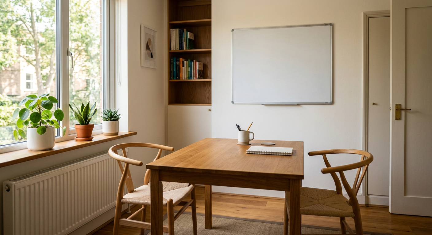 A bright, quiet tutoring room with a wooden table and empty chairs